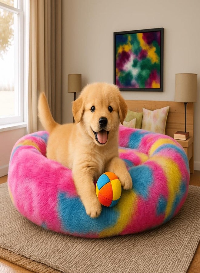 RoverPets Calming Dog & Cat Bed |Small Size Bed| Length 19 Inches, Width 19 Inches, Height 5 Inches | Soft Fluffy Donut Cuddler | Cozy Plush Anti-Anxiety Cushion for Comfortable Sleep - Image 1